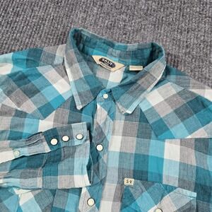 Salt Valley Western Shirt Mens Large Blue Plaid Snap Front Pearl Snaps LS Cotton